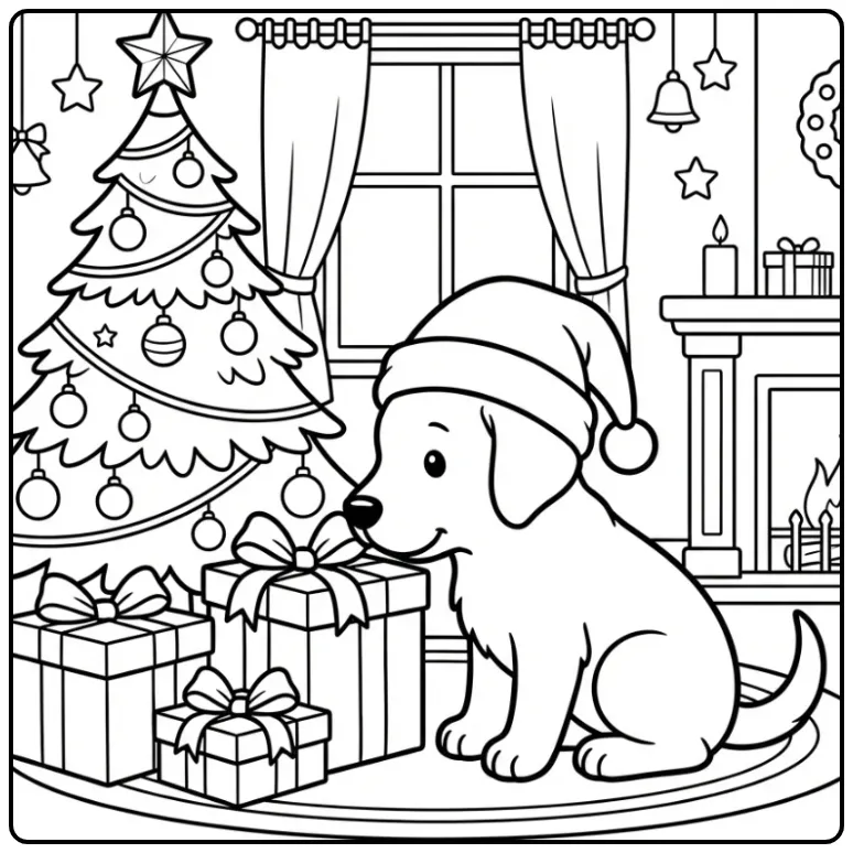 Cheerful Labrador Puppy Under the Christmas Tree coloring page