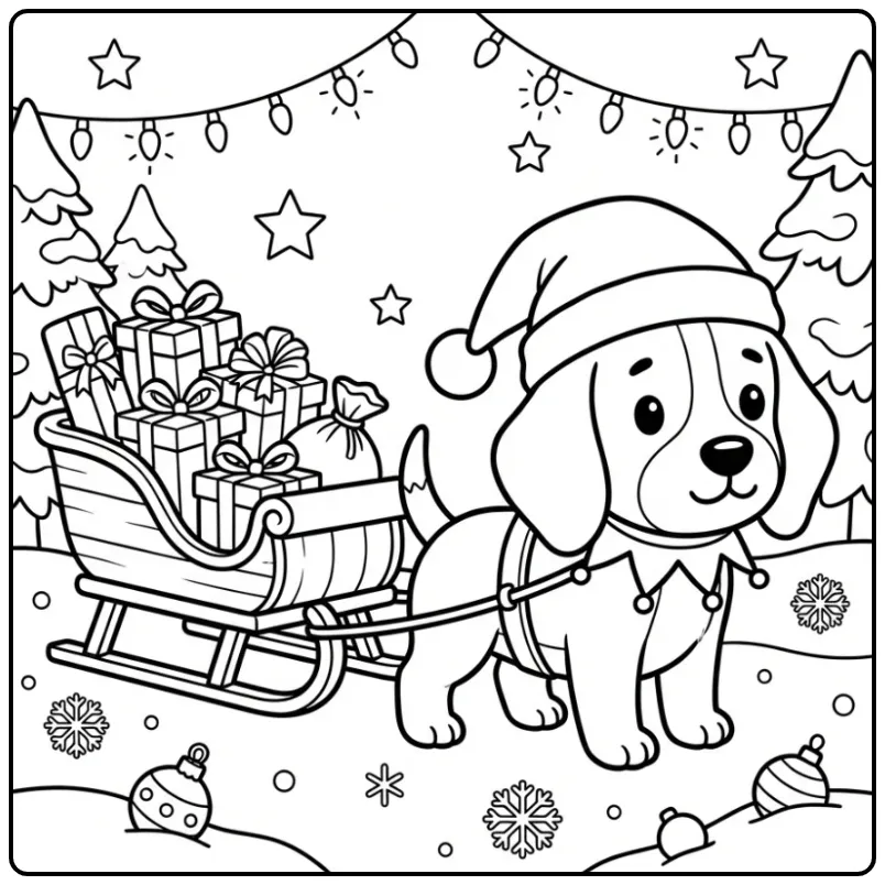 Cheerful Christmas Puppy with Sleigh and Gifts coloring page