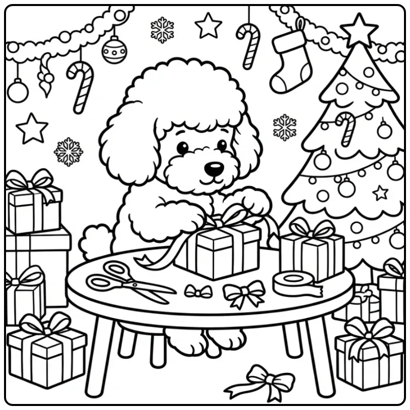 Cheerful Christmas Puppy Grabbing Gifts coloring page