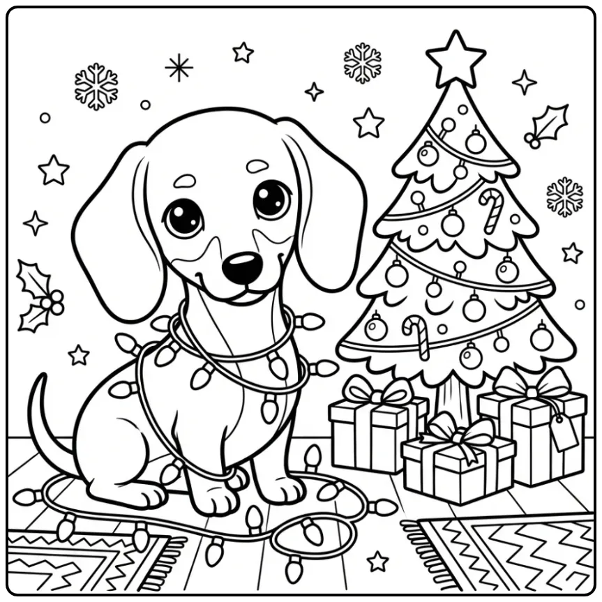 Cheerful Dachshund Puppy with Christmas Lights coloring page
