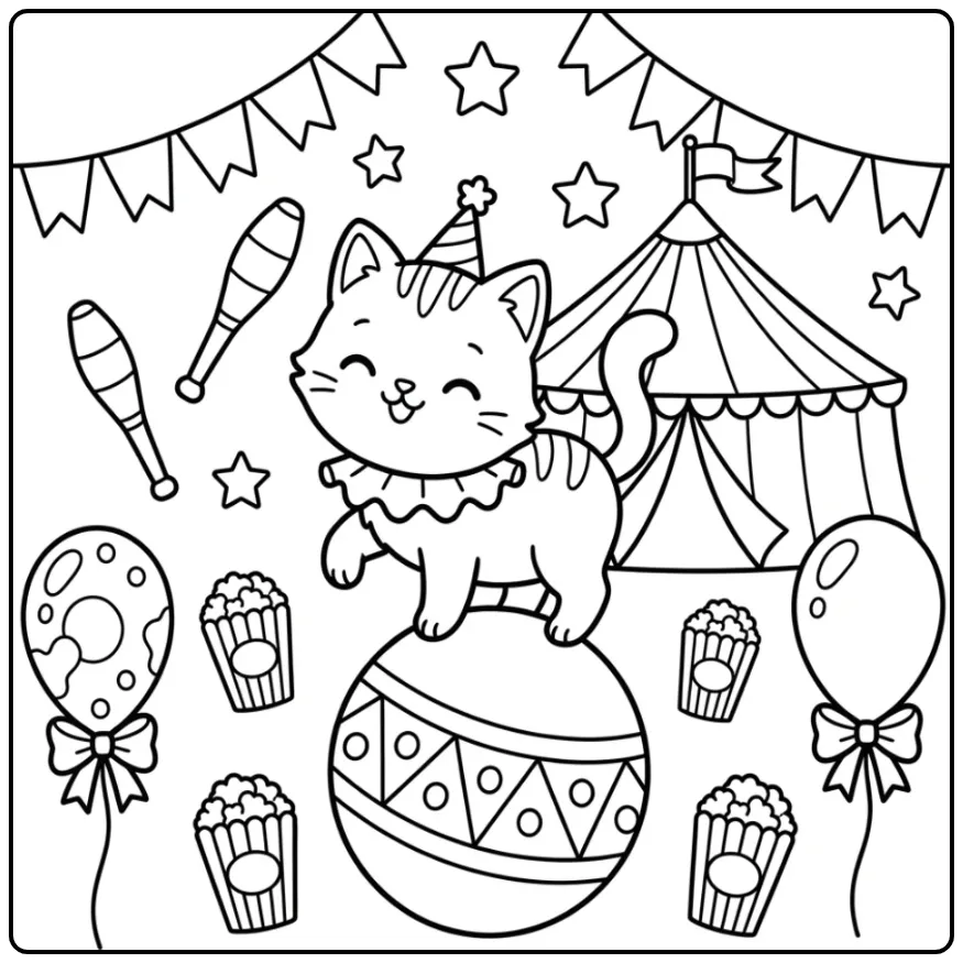 Cheerful Circus Kitten Balancing coloring page