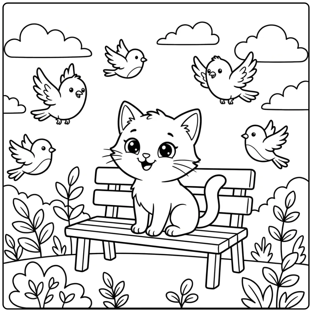 Cheerful Kitten on an Outdoor Bench coloring page