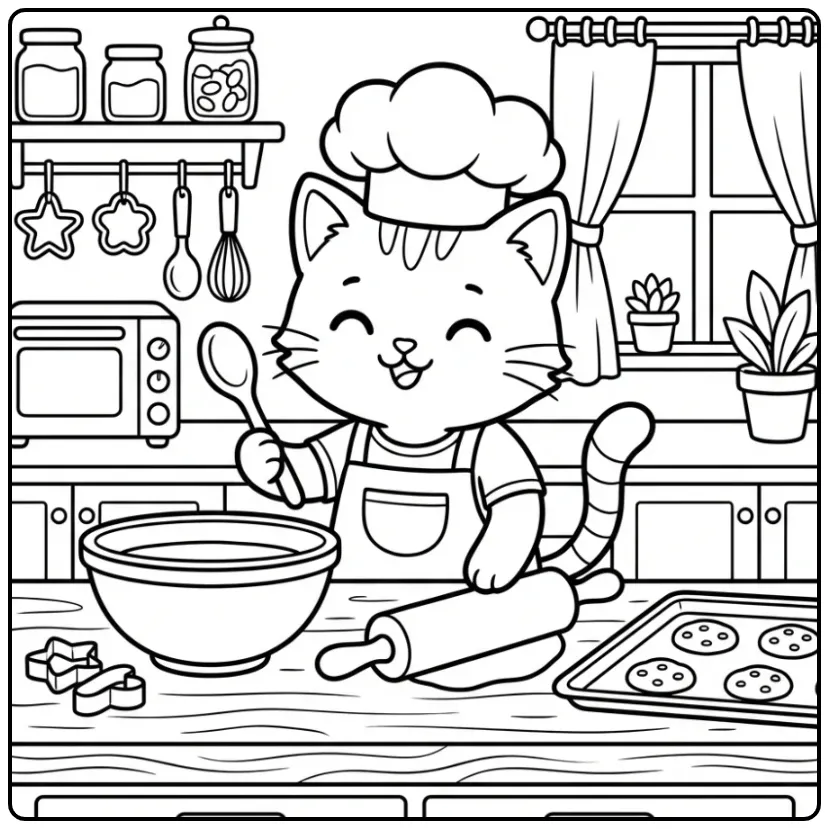 Cheerful Kitten in the Kitchen with a Rolling Pin coloring page