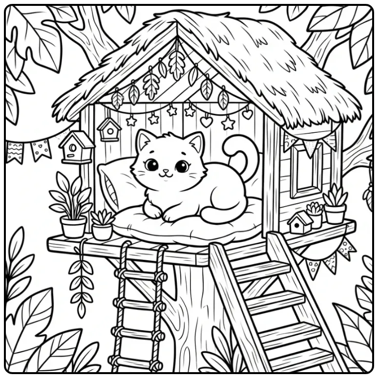 Cheerful Kitten in a Cozy Treehouse coloring page