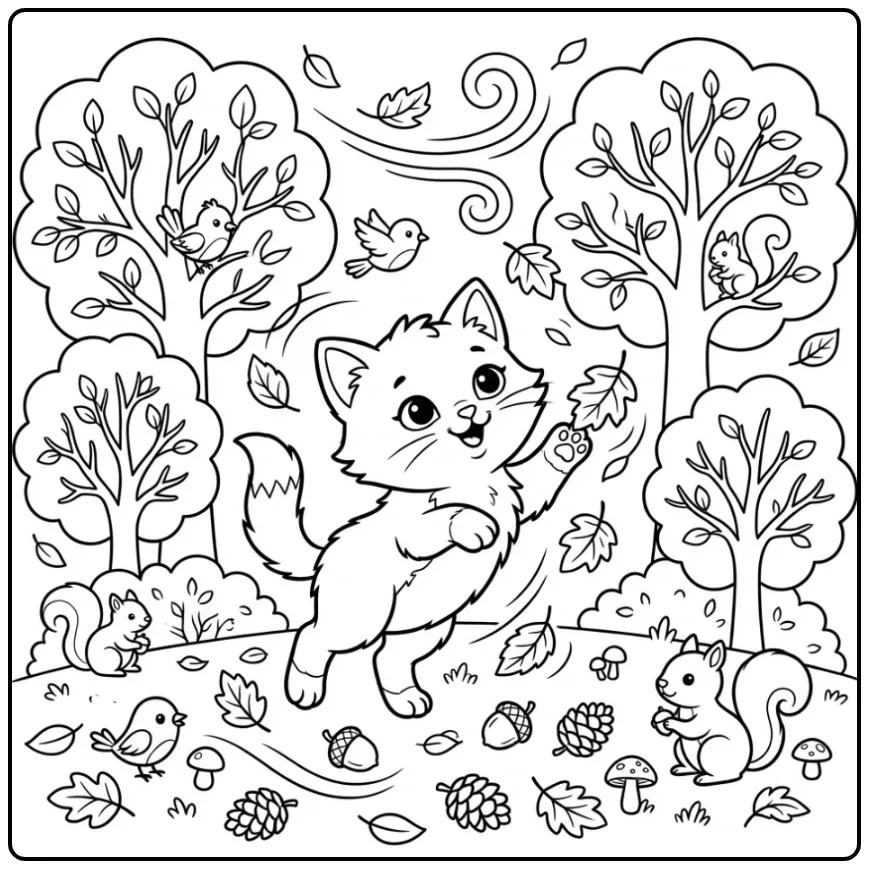 Cheerful Kitten in an Autumn Park with Leaves coloring page
