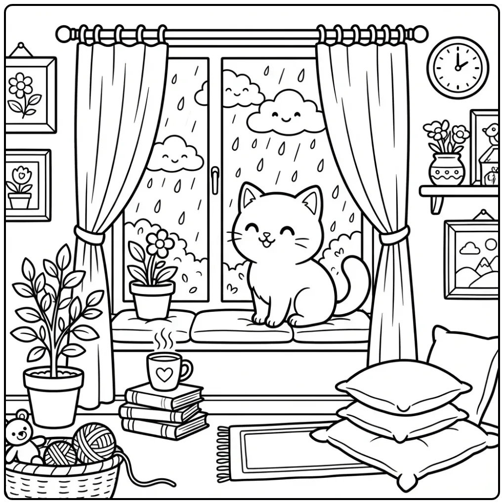 Cheerful Kitten Watching the Rain coloring page