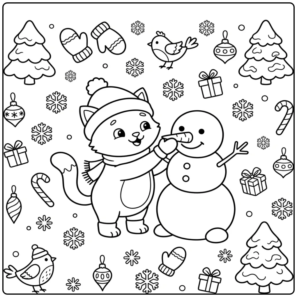 Cheerful Kitten with a Snowman coloring page