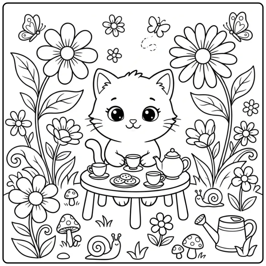 Cheerful Kitten with Butterflies and Flowers coloring page