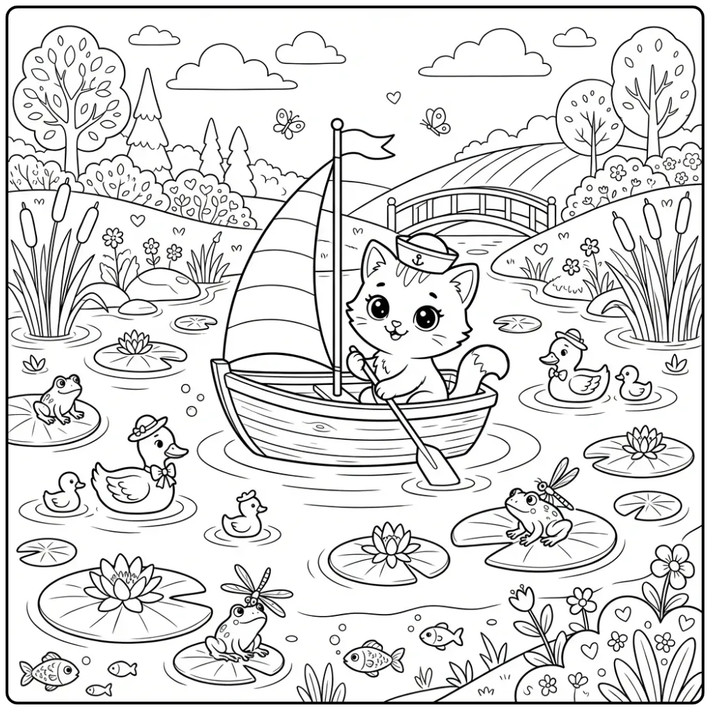 Cheerful Kitten Adventure with Ducklings coloring page