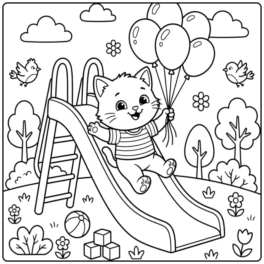 Cheerful Kitten on a Slide with Balloons coloring page