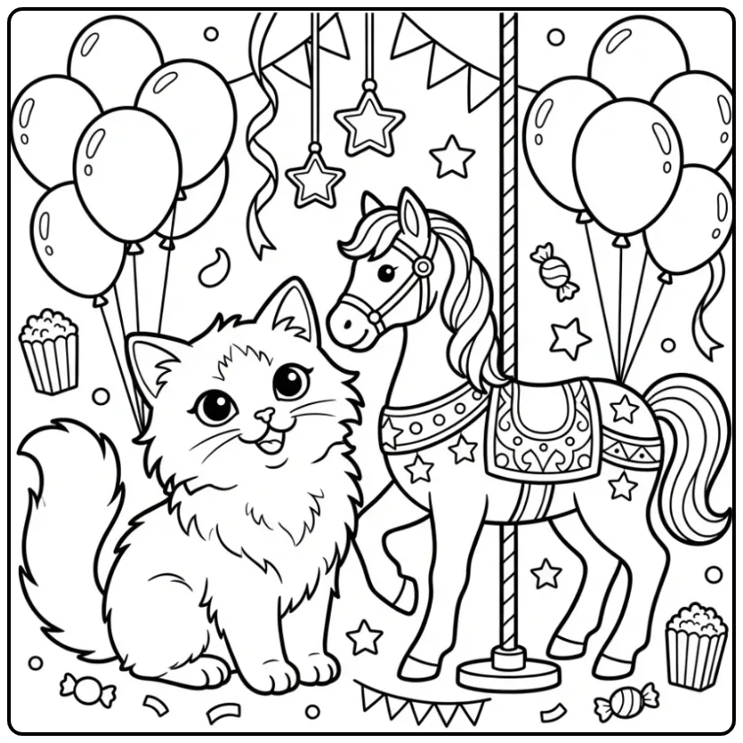 Cheerful Cute Kitten with a Carousel Horse coloring page