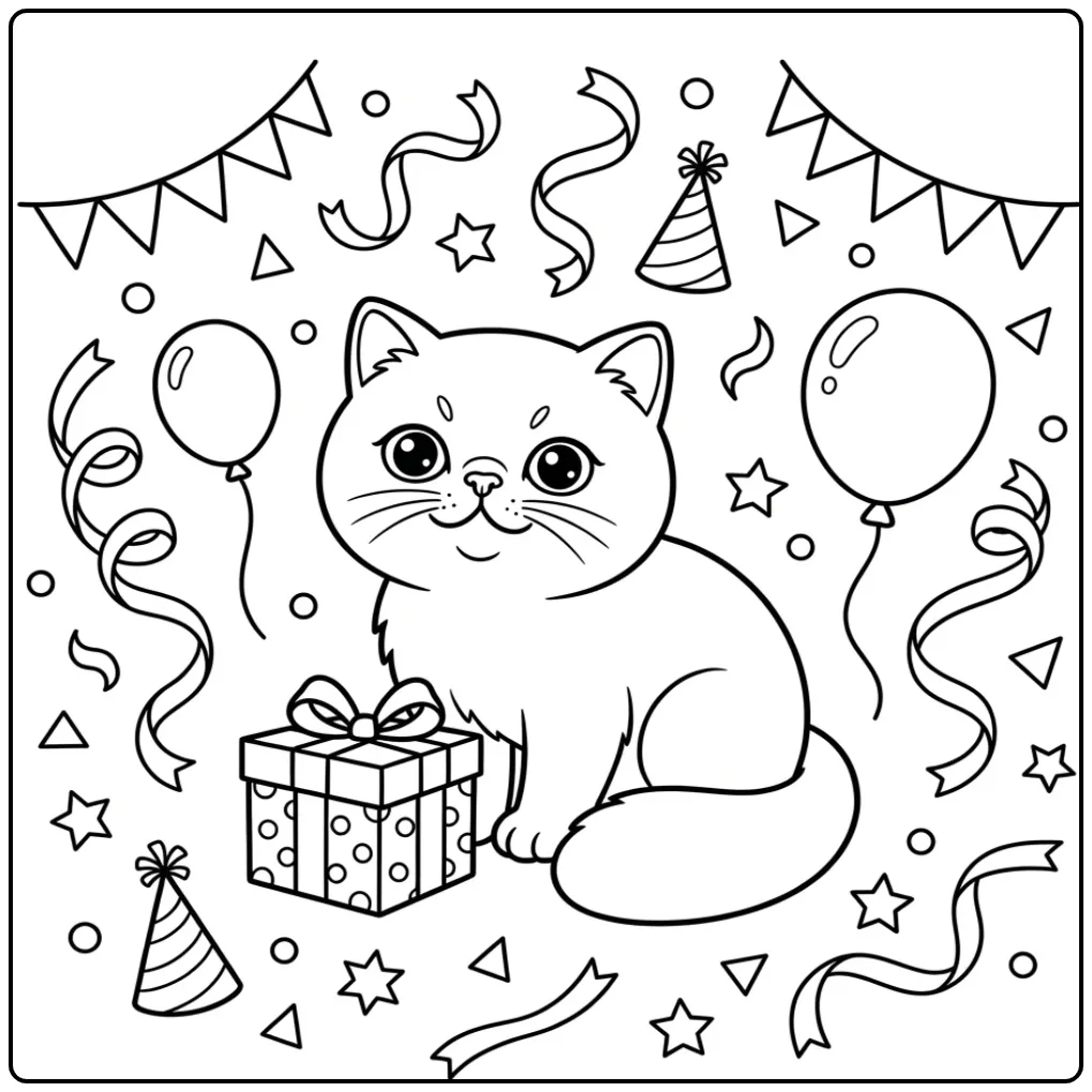 Cheerful Cute Kitten with a Festive Gift coloring page