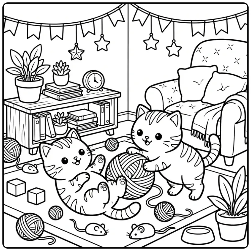 Cheerful Cute Kitten in a Play Corner coloring page