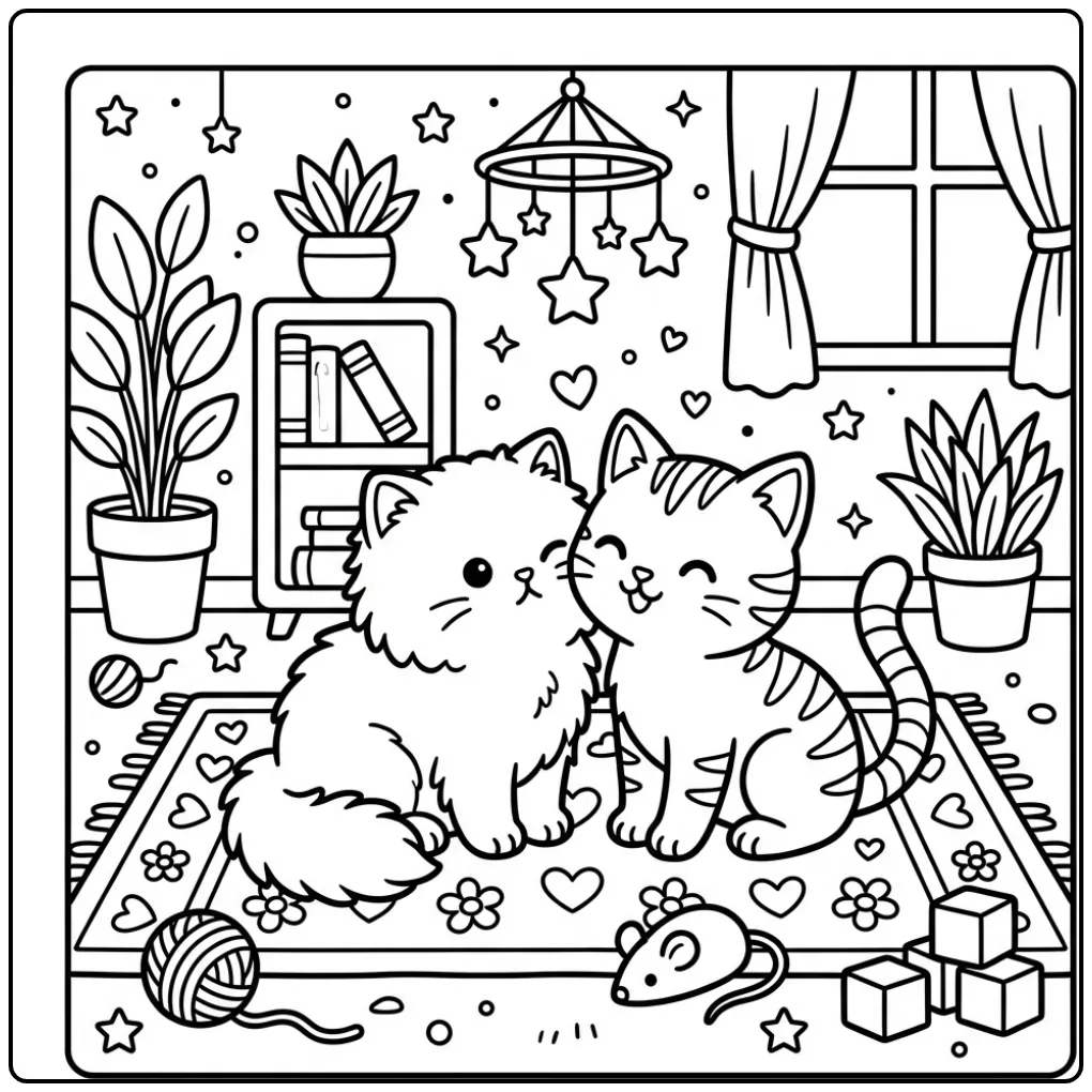 Cheerful Cute Kitten with Toys and Hearts coloring page