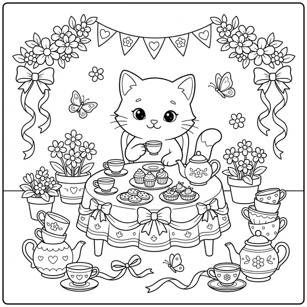 Cheerful Kitten Tea Party with Cupcakes coloring page