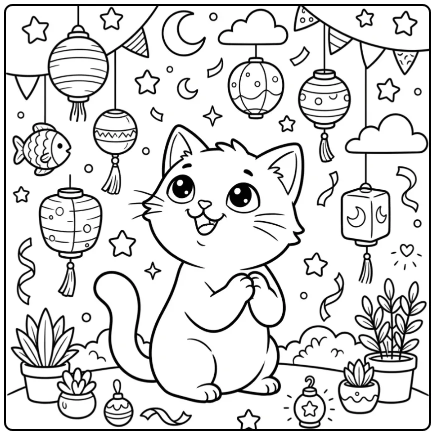 Cheerful Kitten at a Lantern Festival coloring page