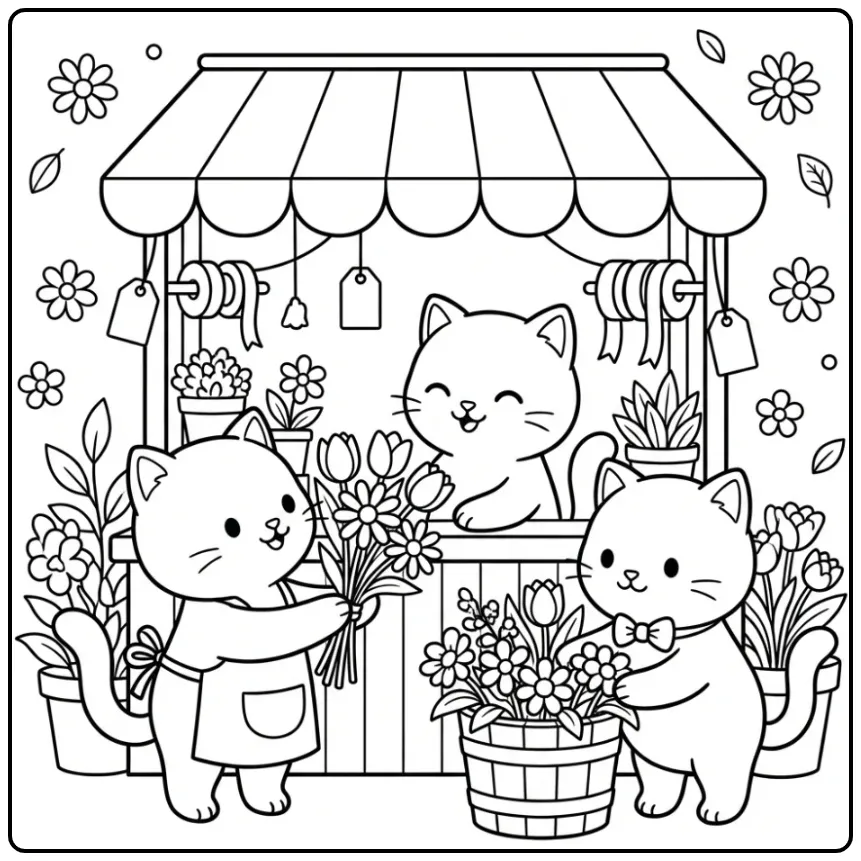 Cheerful Kittens with a Flower Stand coloring page