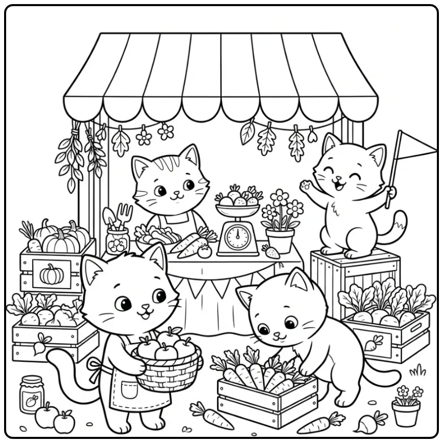 Cheerful Kittens at a Farmers Market Stand coloring page