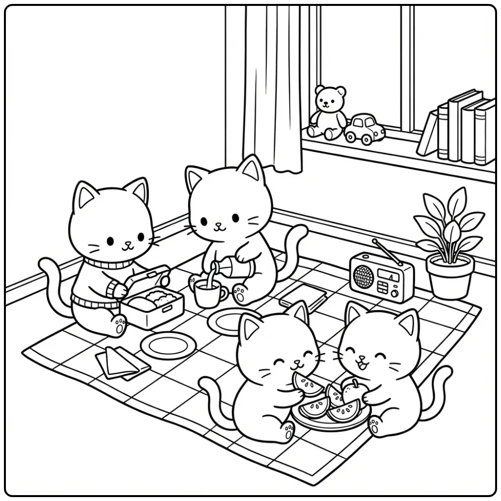 Cheerful Kittens Sharing Lunch and Fruit coloring page