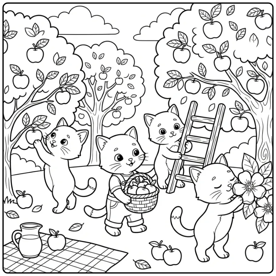 Cheerful Kittens in an Orchard with Fruit coloring page