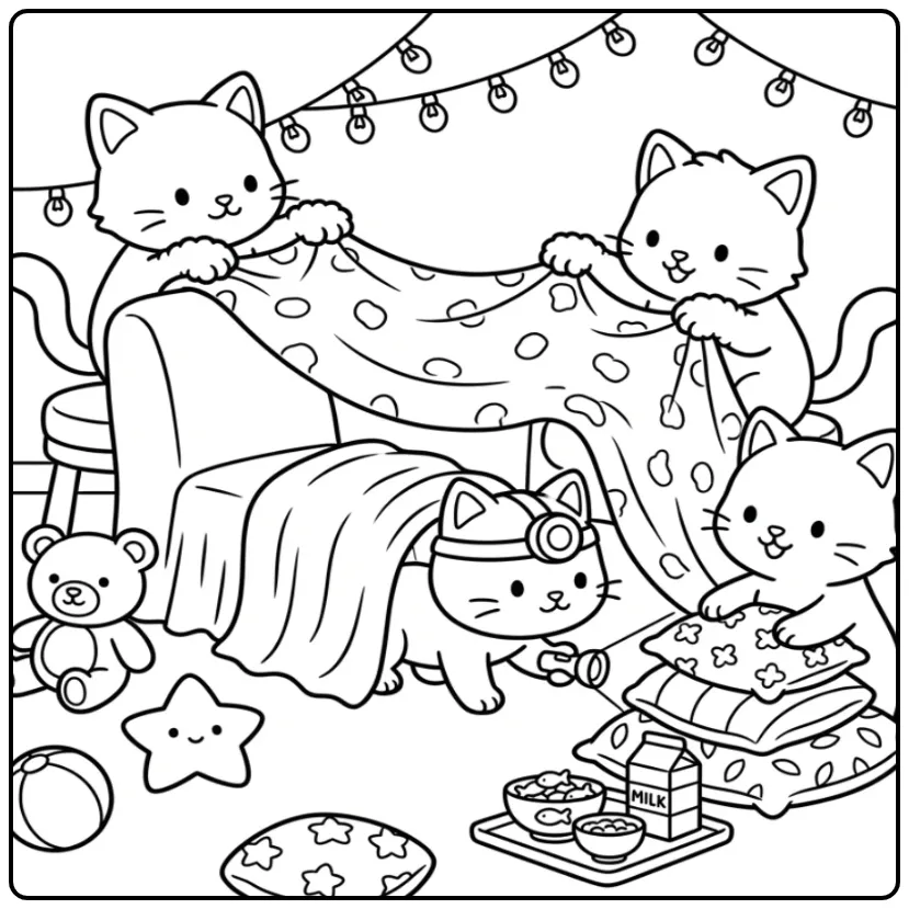 Cheerful Kittens Building a Cozy Fort coloring page