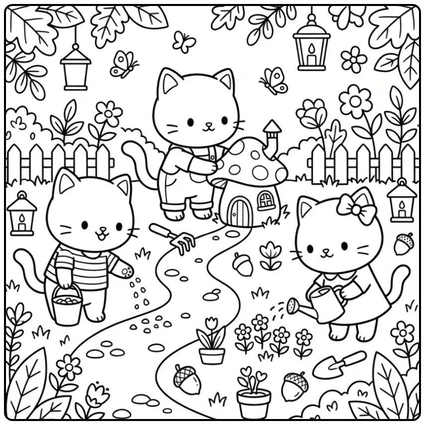 Cheerful Kittens Building a Magical Garden coloring page