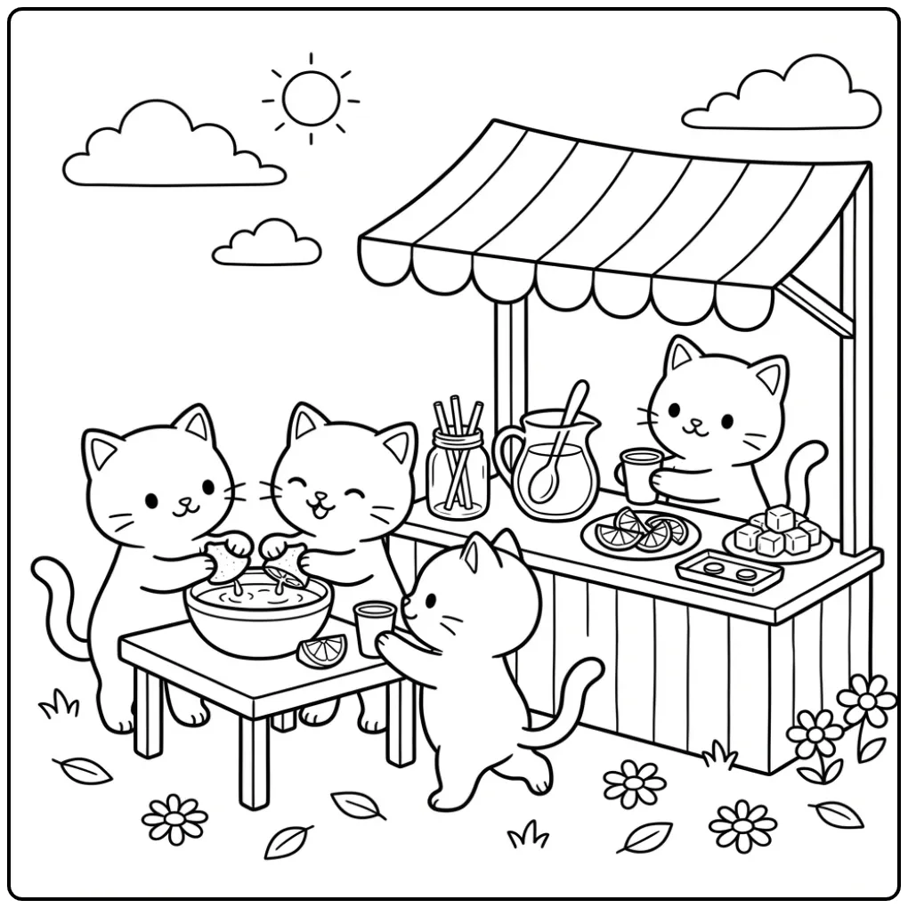 Cheerful Kittens with a Lemonade Stand coloring page