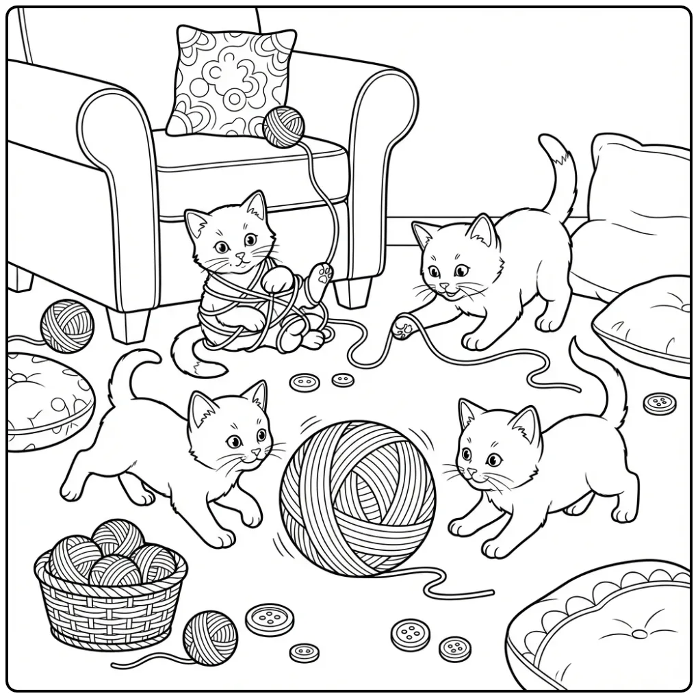 Cheerful Kittens with Yarn and Buttons coloring page