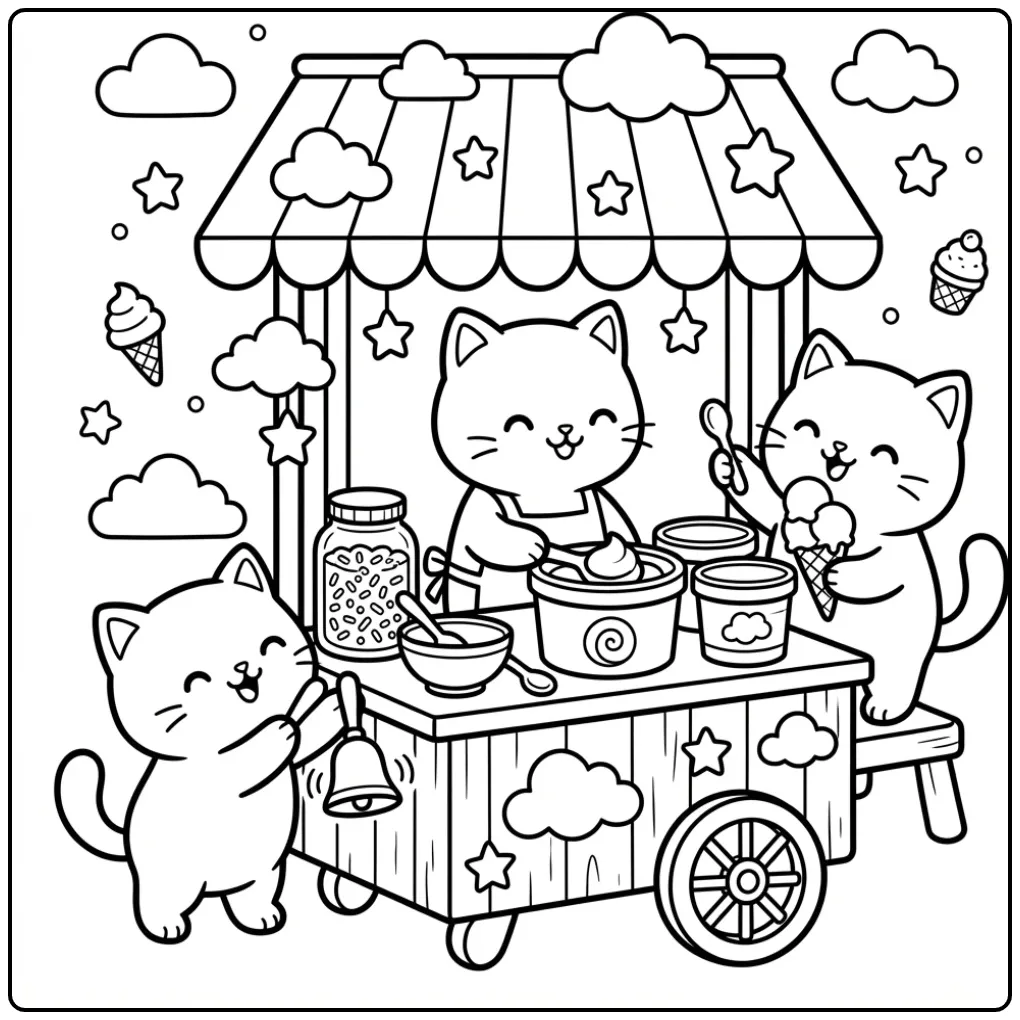 Cheerful Kittens with Ice Cream at a Stand coloring page
