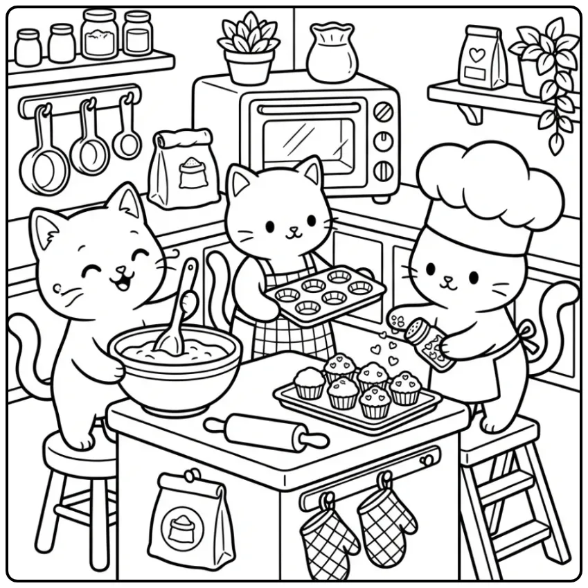 Cheerful Kittens Baking Cupcakes coloring page