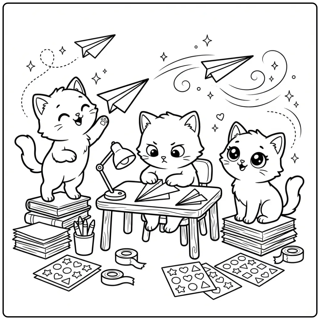 Cheerful Kittens with Paper Airplanes coloring page
