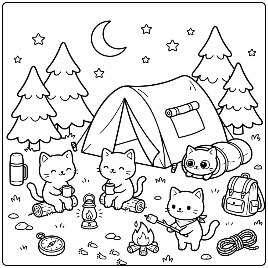 Cheerful Kittens Camping with a Tent and Campfire coloring page