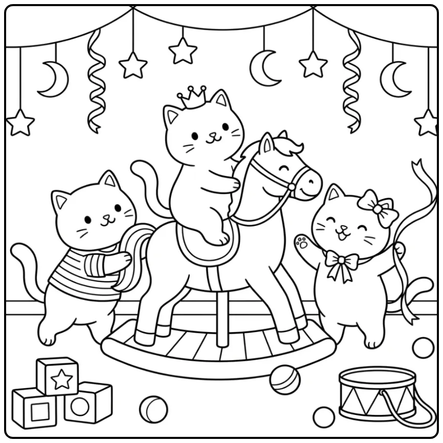 Cheerful Kittens on a Toy Carousel coloring page