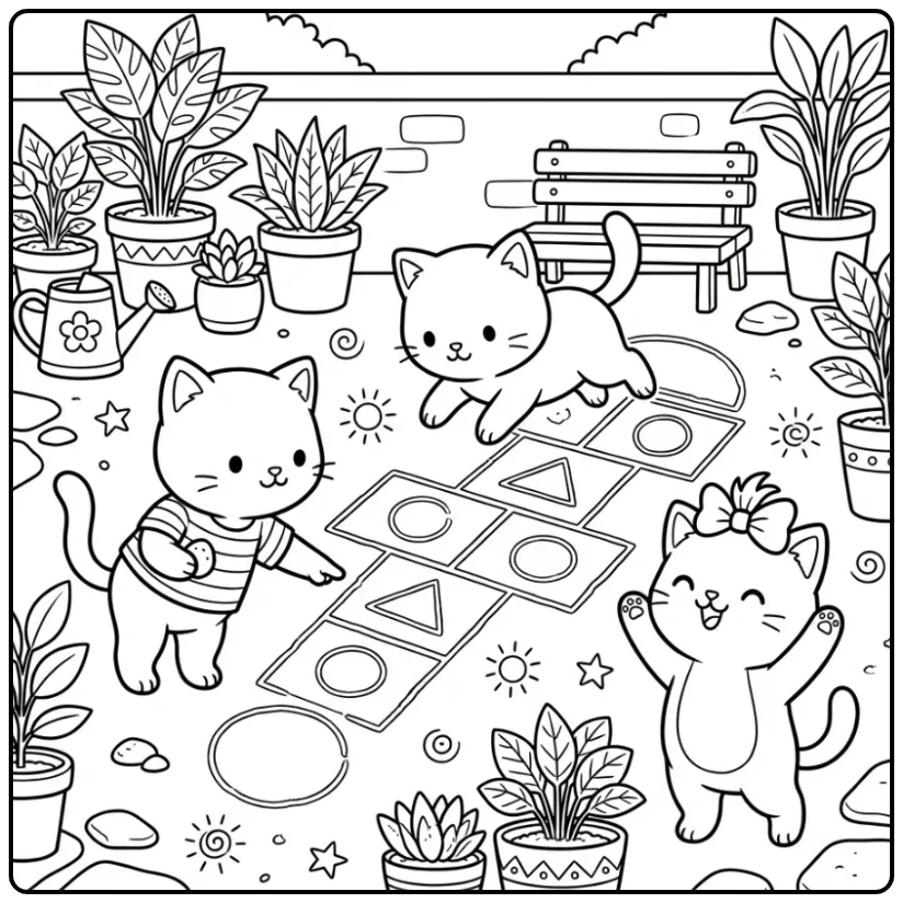 Cheerful Kittens Playing on a Patio coloring page