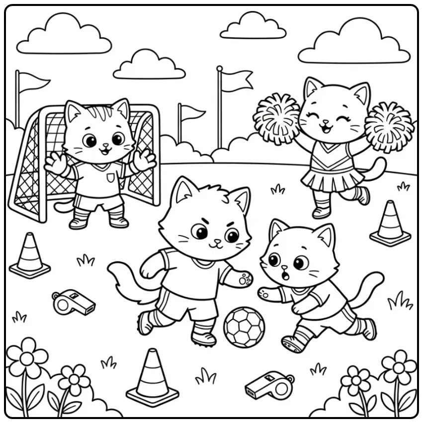 Cheerful Kittens During a Soccer Match coloring page