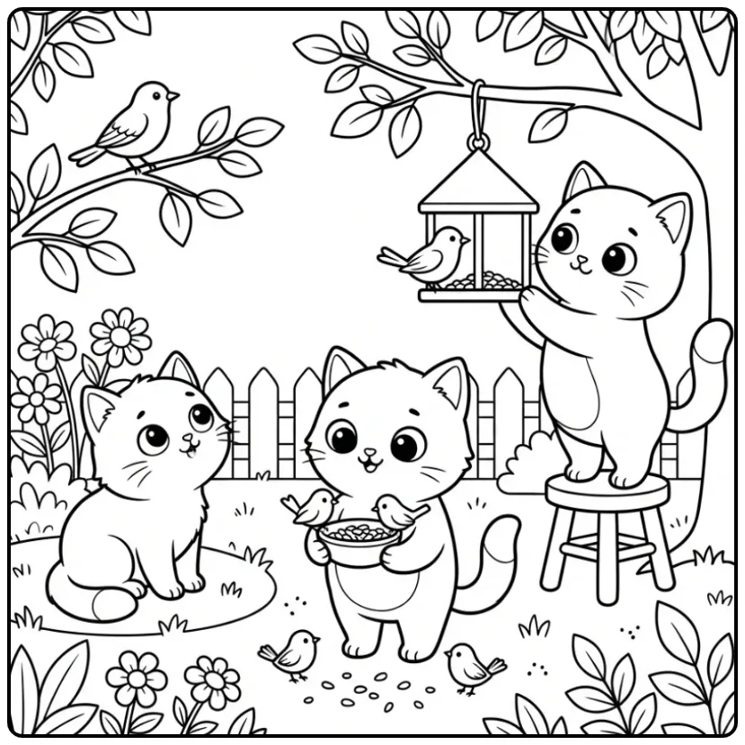Cheerful Kittens Feeding Little Birds coloring page