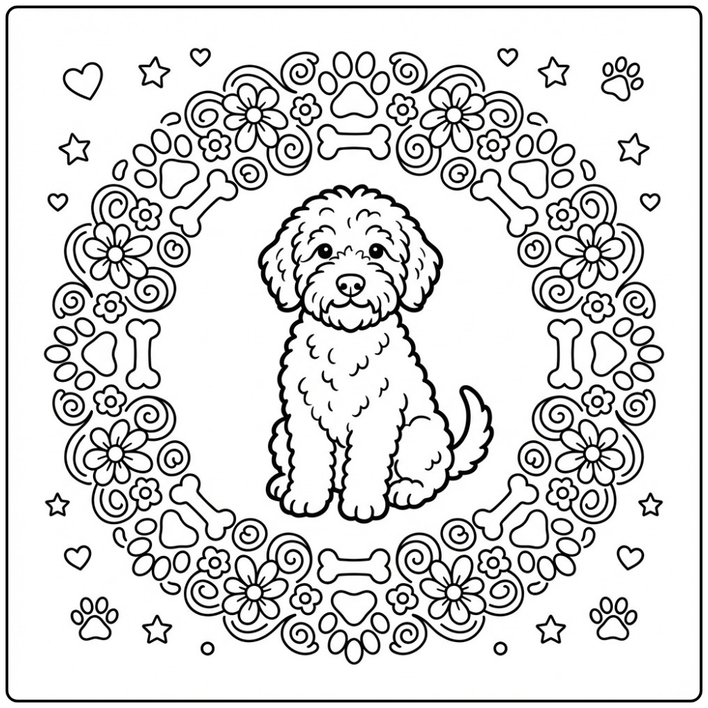 Labradoodle in a Decorative Flower Circle coloring page