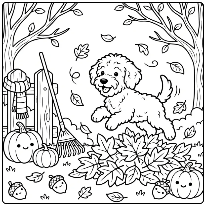 Labradoodle Puppy Jumping in Autumn Leaves coloring page