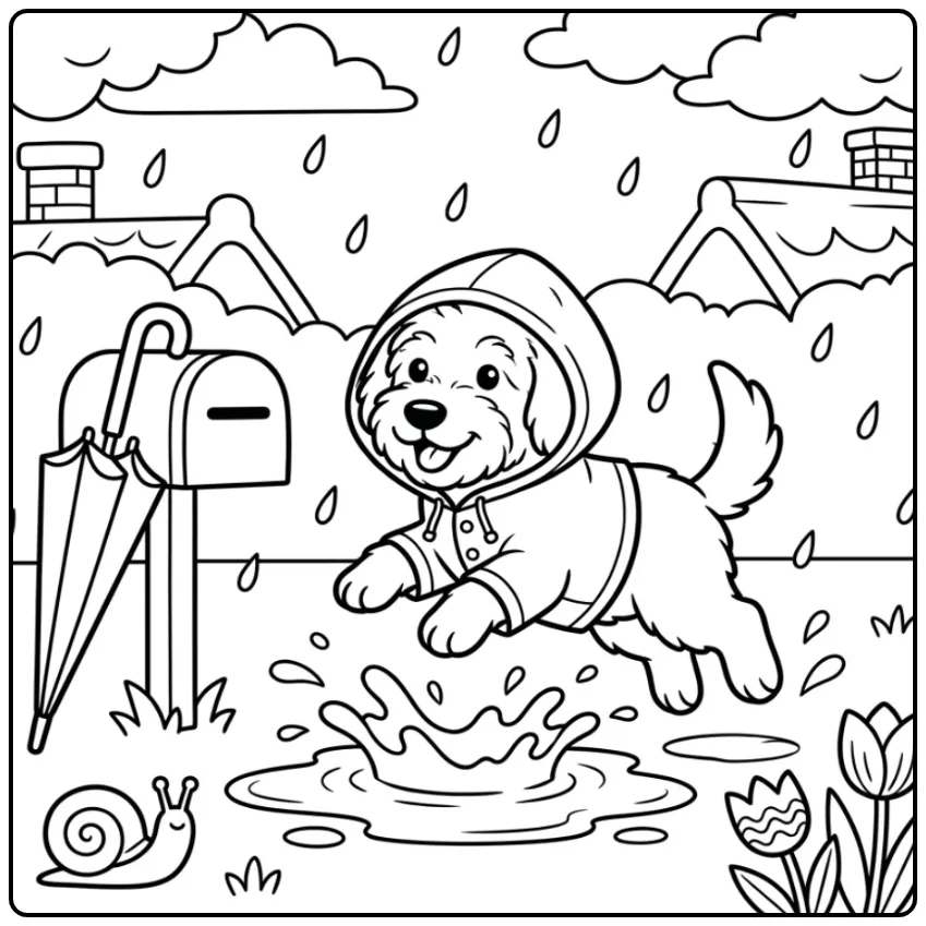 Labradoodle Puppy in a Raincoat Jumping Over Puddles coloring page
