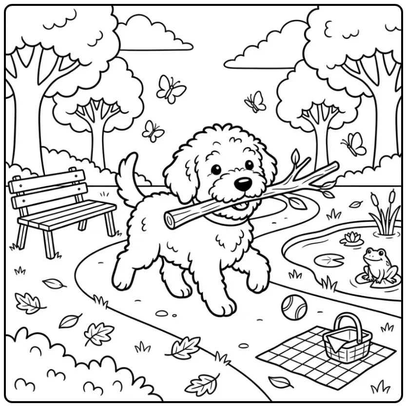 Labradoodle Puppy Carrying a Stick in the Park coloring page