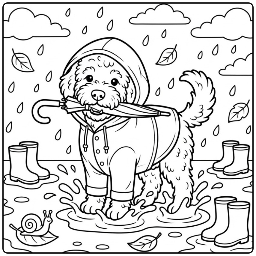 Labradoodle Playing in the Rain coloring page