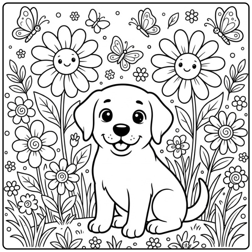 Cheerful Labrador in a Field Full of Butterflies coloring page