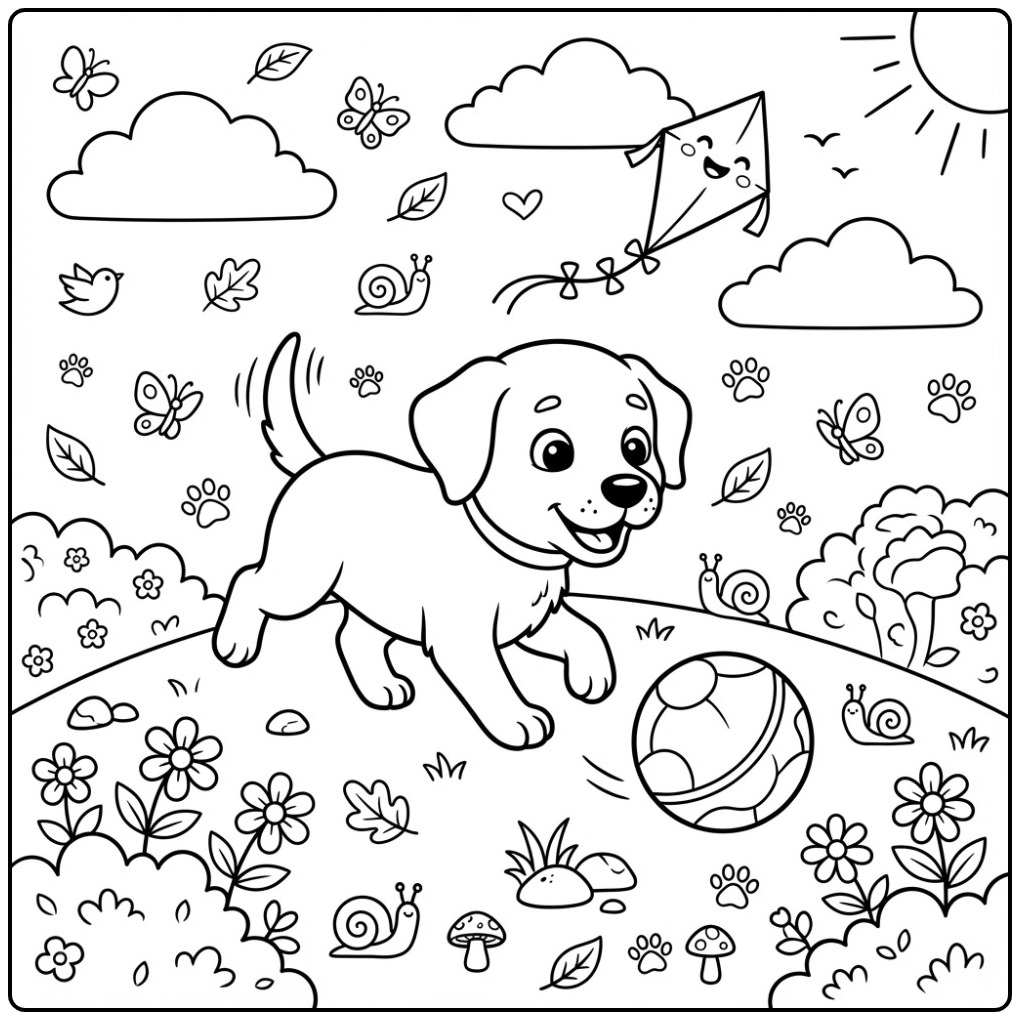 Cheerful Labrador with a Kite and Butterflies coloring page