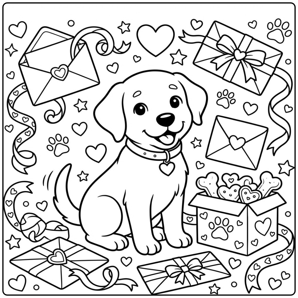 Cheerful Labrador with Hearts and Sweet Mail coloring page