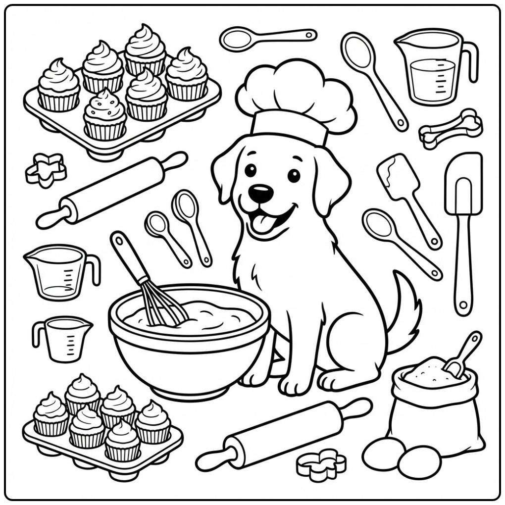 Cheerful Labrador with Chef's Hat and Baking Supplies coloring page