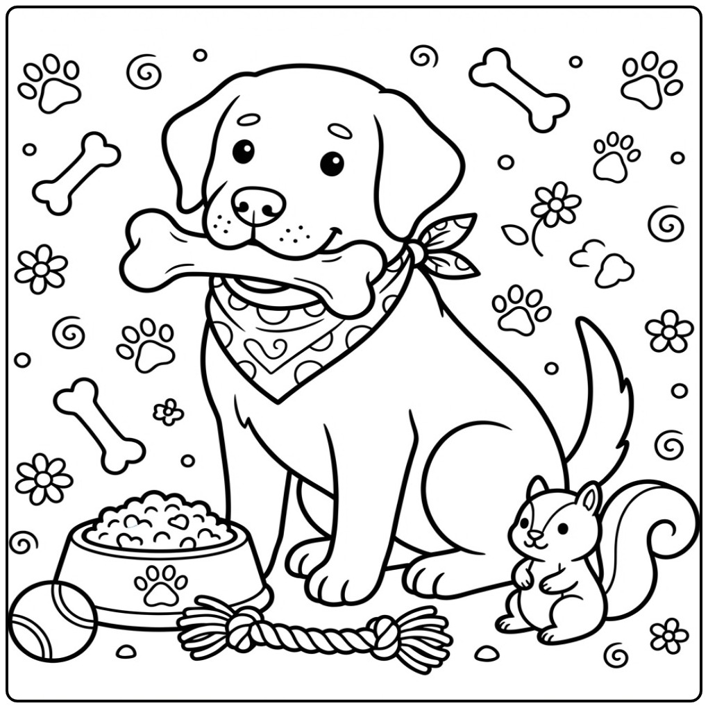 Cheerful Labrador Pup with a Scarf and Toys coloring page