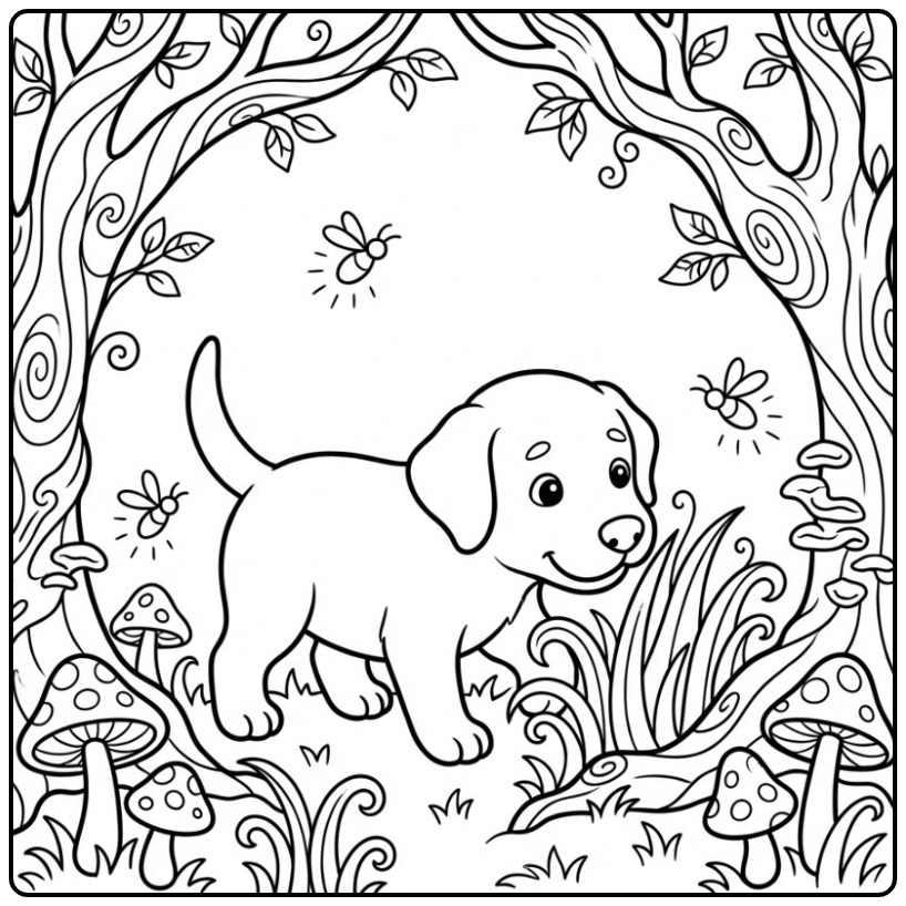 Cheerful Labrador Pup Discovering the Magical Forest coloring page