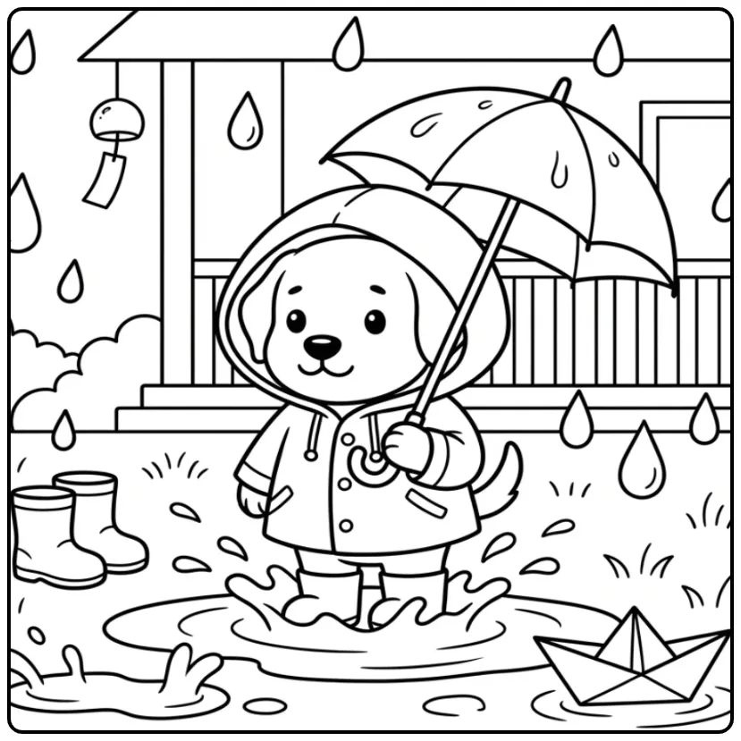 Cheerful Labrador Puppy Playing in the Rain coloring page
