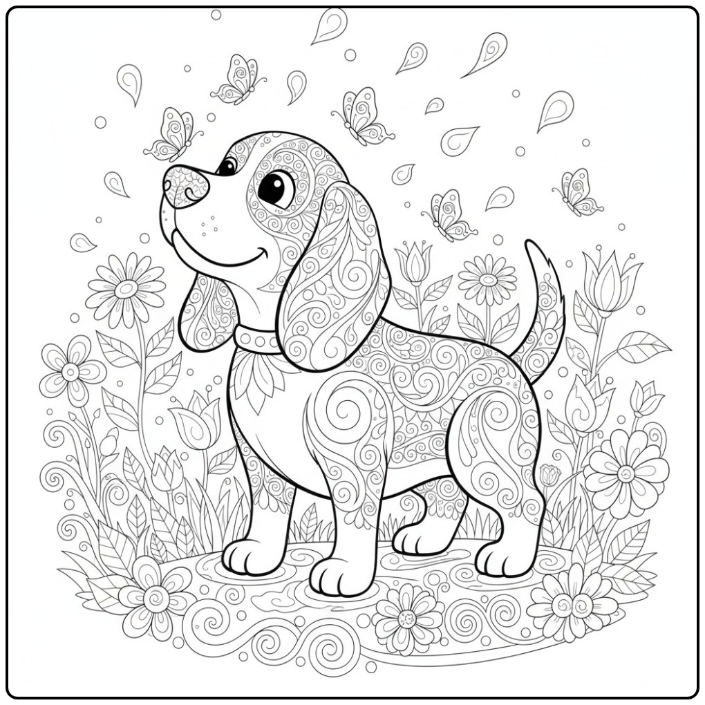 Beagle Mandala Dog in a Flower Garden coloring page