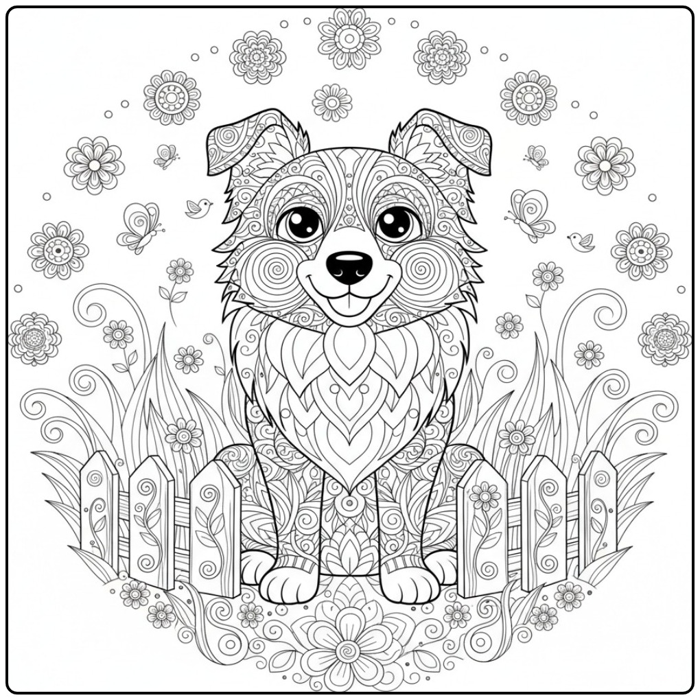 Border Collie Mandala Dog in a Meadow coloring page